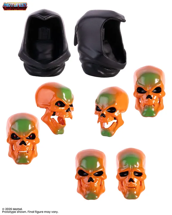 The portrait parts on white: two black hoods above six orange and green skulls, two of them with the jaw dropped open and two with red pupils.