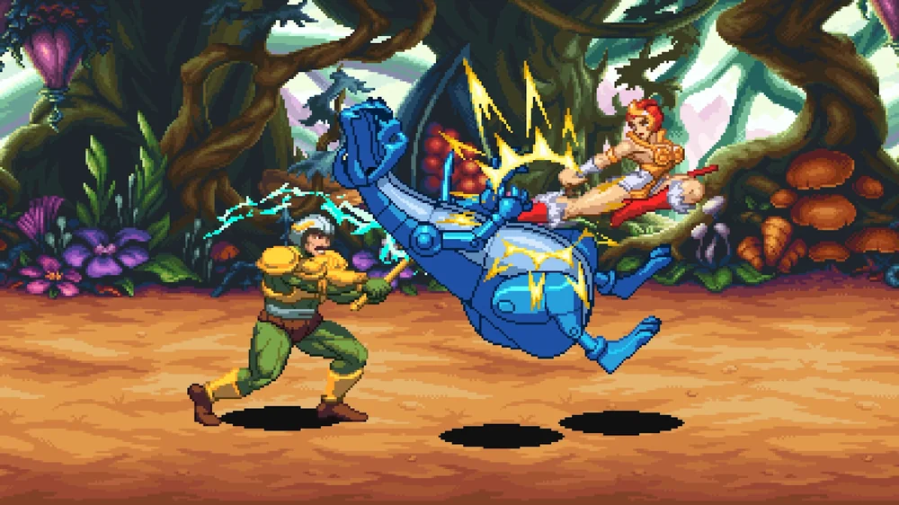 Man-At-Arms in the foreground of a jungle stage, with a second hero and an armoured enemy mid-air behind him.