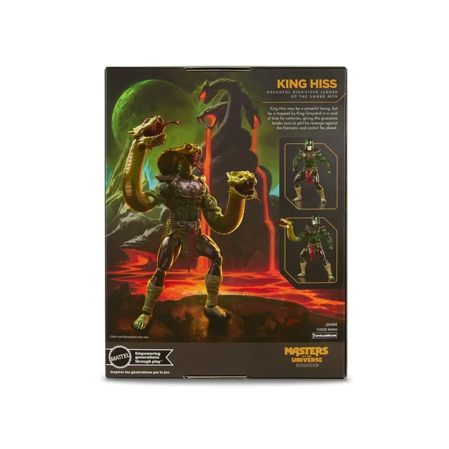 The back of the King Hiss window box, with painted art of the figure over a lava field, a green moon behind him, and a printed bio panel headed King Hiss, Dreadful Disguised Leader of the Snake Men.