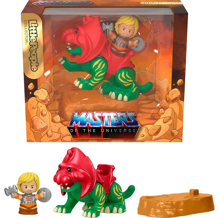 The window box packaging above, and below it the three pieces separated: the He-Man figure holding an axe and shield, Battle Cat in his red helm and saddle, and the orange rock base.