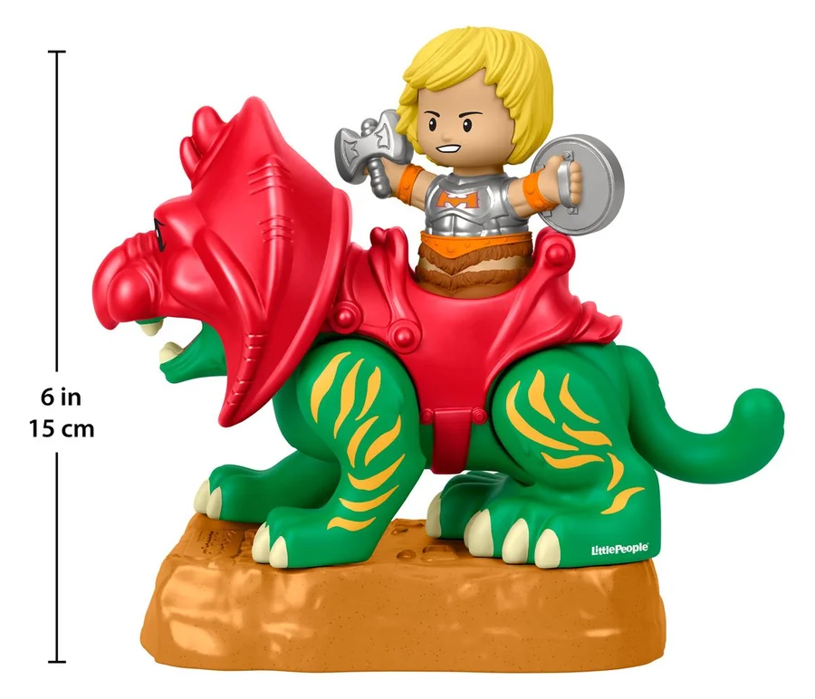 Fisher-Price scale art for the set, marked 6 in / 15 cm, showing He-Man mounted on Battle Cat on the rock base.