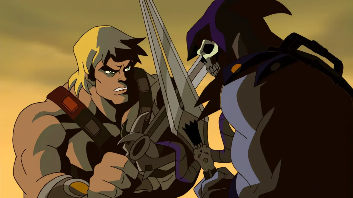 He-Man and Skeletor face to face, blades locked, in the 2002 series redesign. He-Man wears the harness and armoured gauntlets of the Mike Young Productions design; Skeletor is in his purple hood, holding the Havoc Staff.