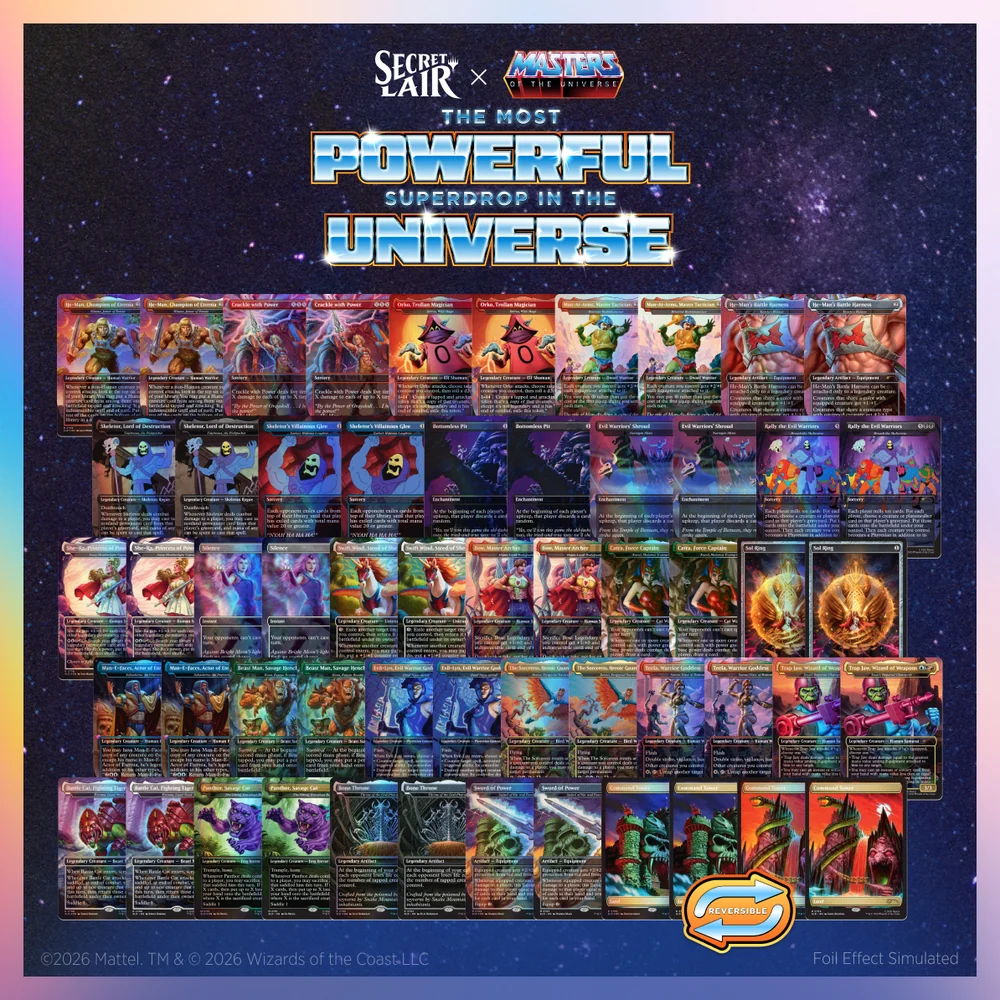 All five Secret Lair x Masters of the Universe drops laid out in both foil and non-foil editions.