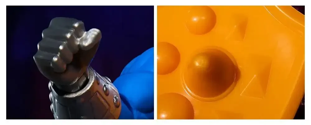 The two crops in Mattel's teaser, side by side: a gunmetal clenched fist on a blue arm with a studded cuff, and a close macro of an orange shield covered in raised domes and triangular ridges.