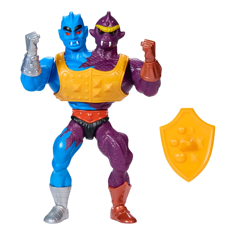 The Masters of the Universe Origins Two Bad figure on white with its shield beside it: a blue head and a purple scaled head on one body, a yellow slab chest armour covered in domes and studs, a red belt, a silver gauntlet on the left arm and a coppery red-brown one on the right, one silver boot and one red-brown boot, and a yellow shield carrying the same domes and studs as the armour.
