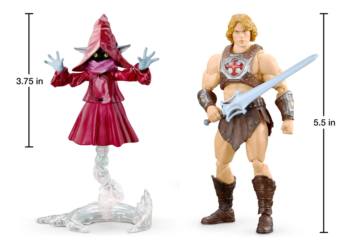 Mattel scale diagram showing Chronicles Orko measured at 3.75 inches beside the Chronicles He-Man figure measured at 5.5 inches
