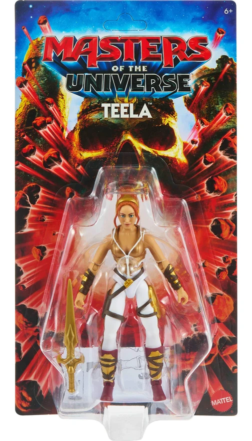 Masters of the Universe Origins movie Teela on her Target blister card, the figure and gold sword held in a clear tray over red skull-burst artwork