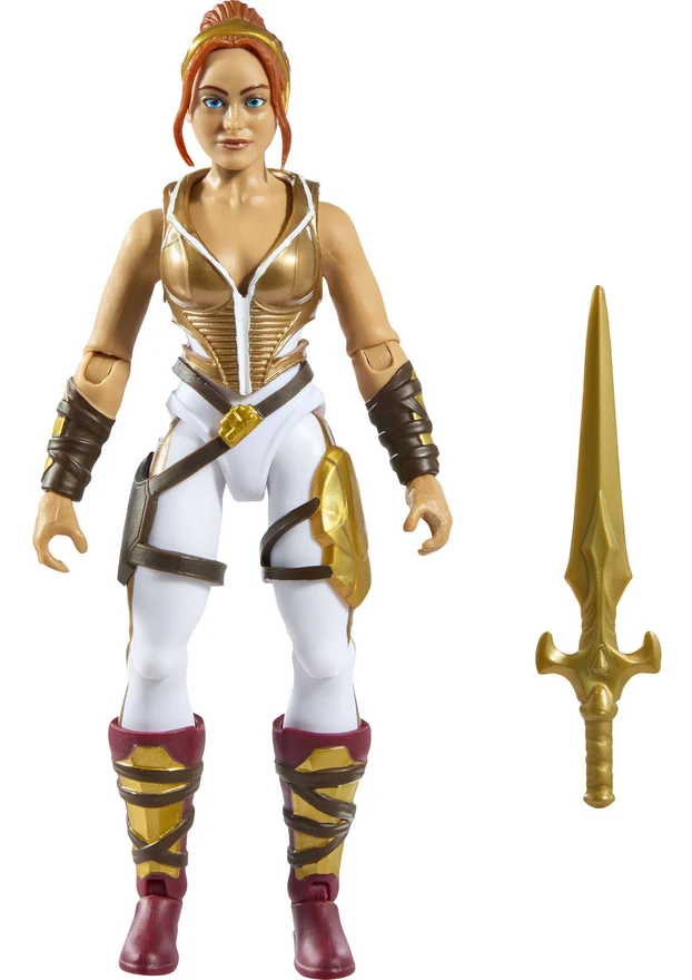 The movie Teela figure out of the packaging alongside her gold sword, showing the white bodysuit, gold bodice, brown wraps and maroon boots