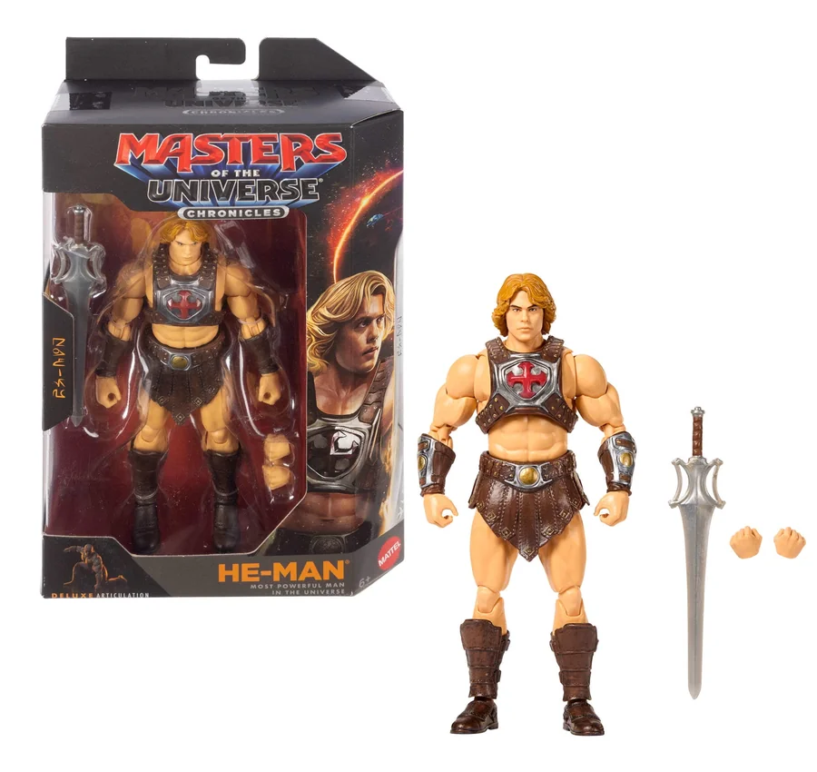 The original Chronicles He-Man, in package and loose with the Power Sword and two swap fists