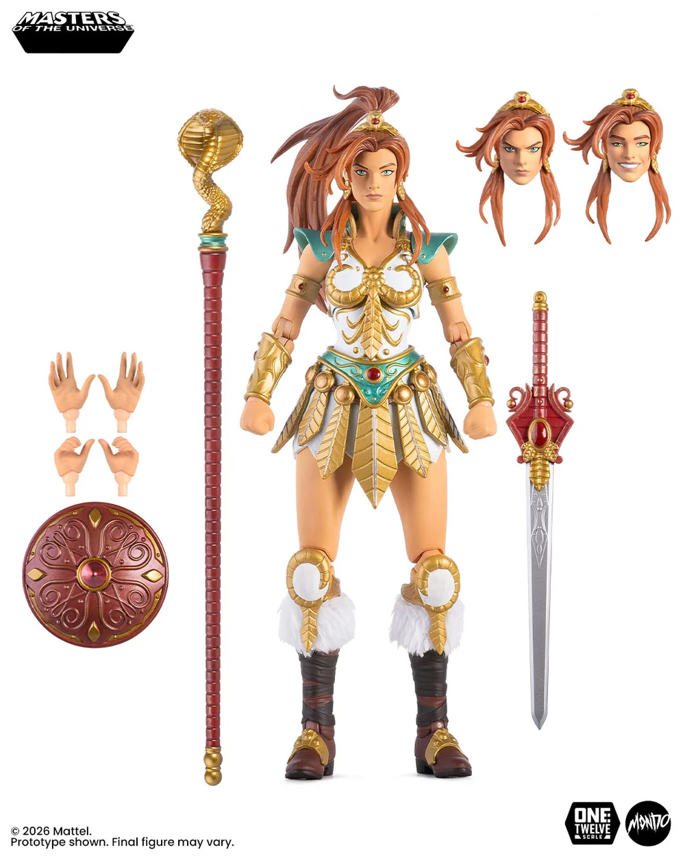 The standard Teela release laid out on white: the figure in gold and white armour with her ponytail crest, two spare portraits, four loose hands, the round shield, the cobra-headed Staff of Ka and the sword.
