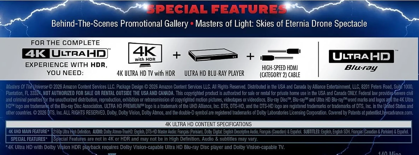 The back of the Masters of the Universe 4K Ultra HD case. A blue band headed SPECIAL FEATURES lists Behind-The-Scenes Promotional Gallery and Masters of Light: Skies of Eternia Drone Spectacle. Below it sit the player requirements, the copyright block and the 4K Ultra HD content specifications table.