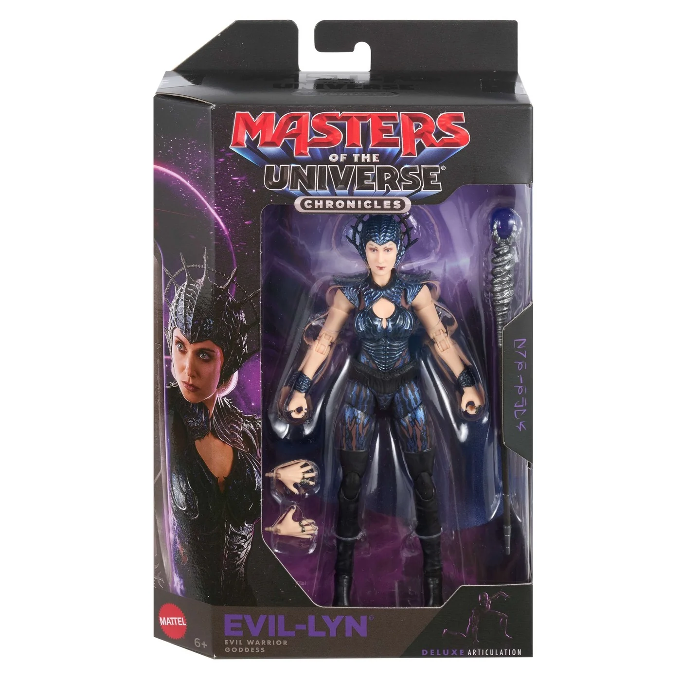Masters of the Universe Chronicles Evil-Lyn in her window box, badged Chronicles, with a photographic portrait on the side panel.