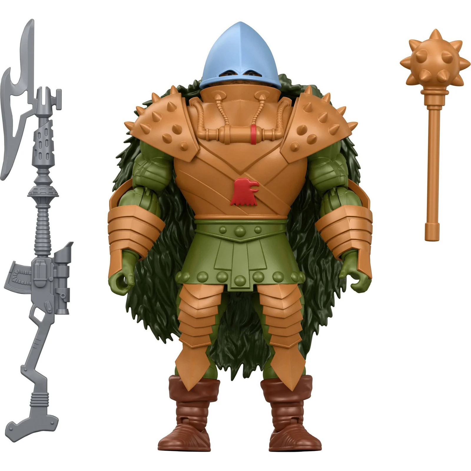 The Man-At-Arms figure with its three accessories laid out: a bladed polearm, a rifle and a spiked mace.