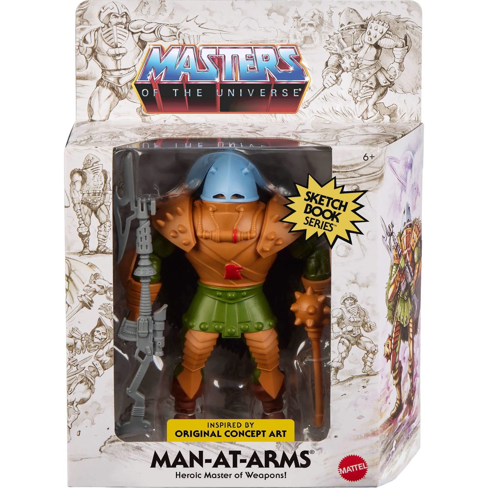 The Man-At-Arms window box, with sketch studies across the card and a colour painting of the figure on the side panel.