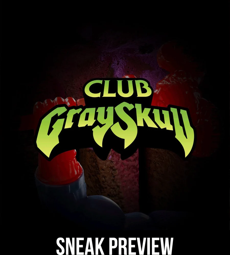 Mattel's Club Grayskull sneak preview card, a dark frame with the Club Grayskull wordmark across it and a red translucent weapon just visible behind.