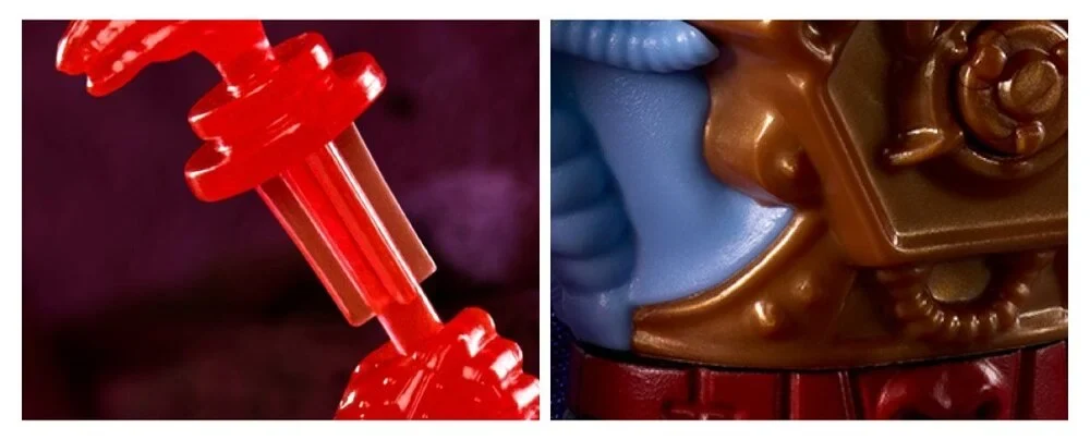 Two Mattel teaser frames side by side. On the left a translucent red staff in a red gloved fist against a purple ground. On the right bronze armour over blue skin above a red belt.