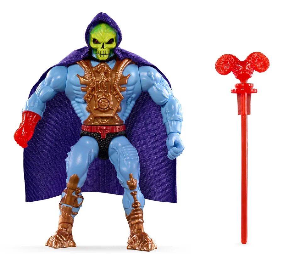 The same figure unlit against white, cape spread, with the translucent red Havoc Staff standing separately beside him and his translucent right hand clearly a different part from his blue left hand.