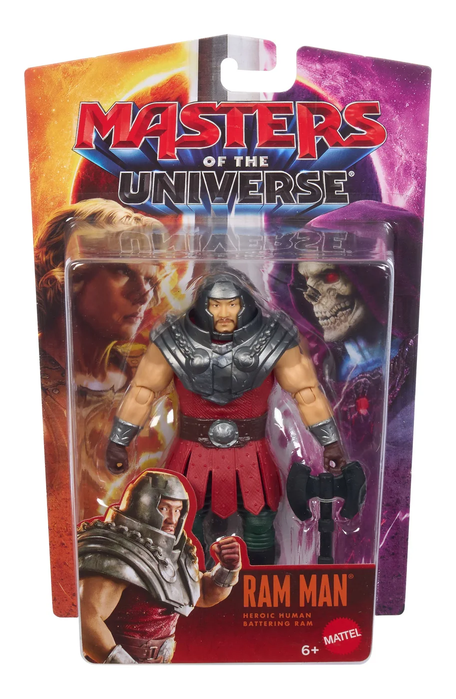 Core Ram Man on his card, the figure and the black battle axe in a clear tray, with a film still of Jon Xue Zhang in the helmet printed beside the nameplate.