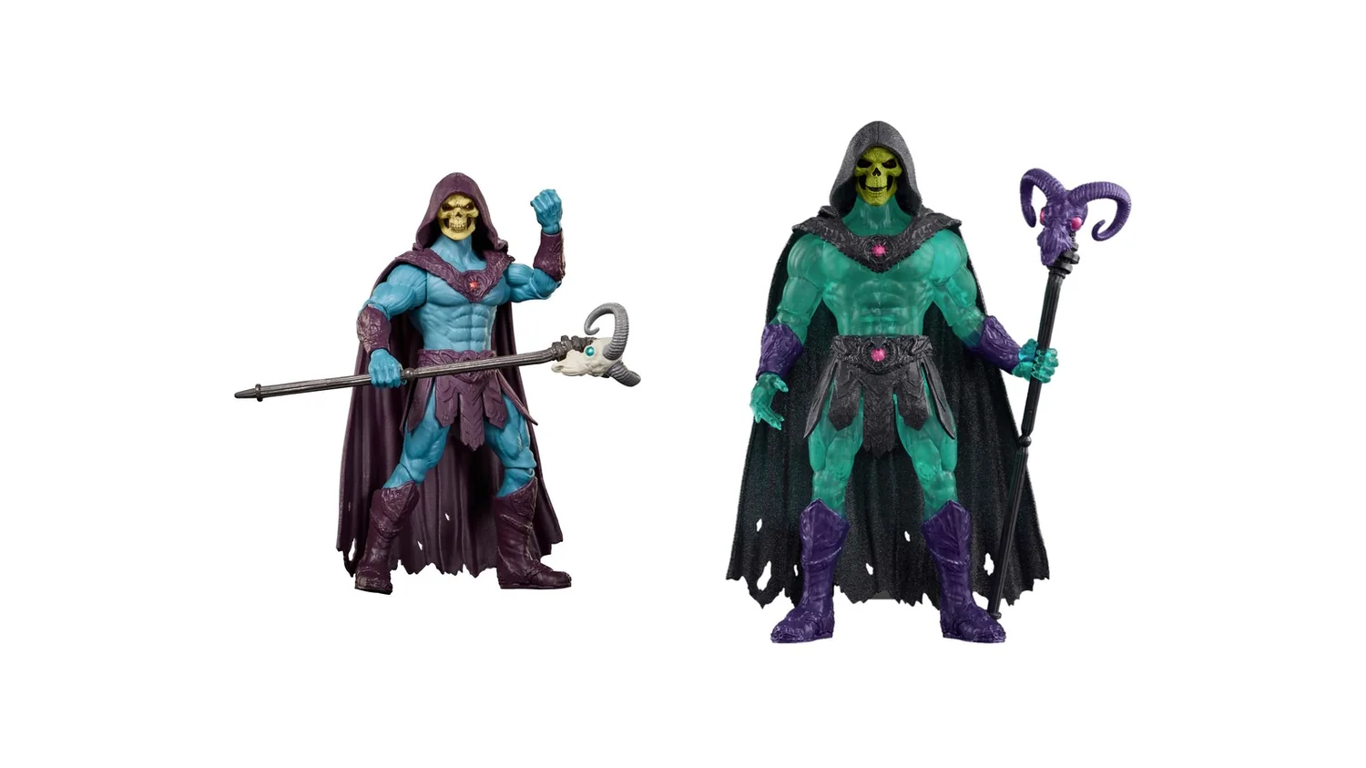 The April Core Skeletor in blue with a purple robe and a bone-white ram staff, beside the Wave 4 Skeletor moulded in clear green with purple gauntlets, a black tattered cape and a purple ram-skull staff.