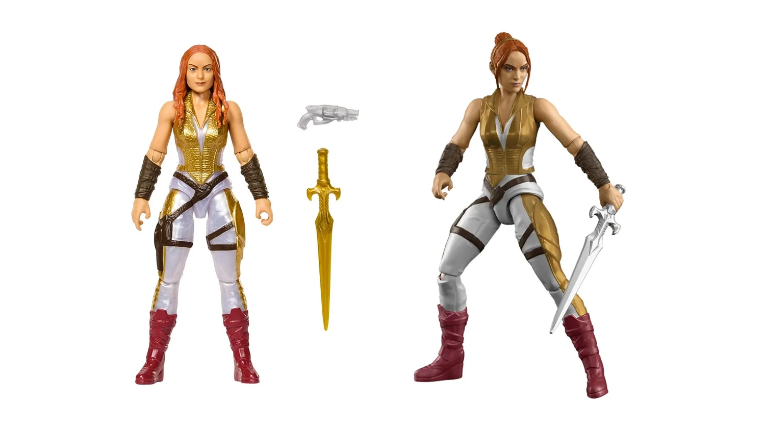 The April Core Teela with her hair loose, a gold sword and a silver pistol, beside the Wave 4 Teela with her hair pulled up into a topknot and a silver sword.