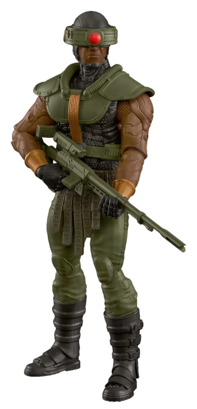 Core Tri-Klops in olive drab, a dark helmet with a single red lens set in the visor band, a ribbed hose over one shoulder, pouch strips down both thighs, holding a long green rifle across his body.