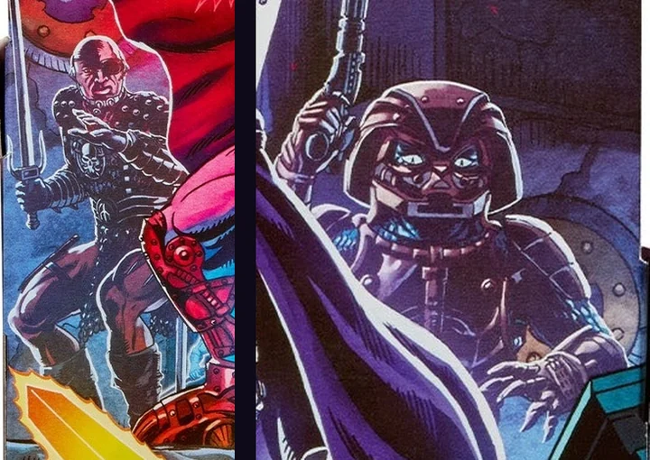 Two details of the card back side by side: on the left Blade, bald with a dark lens over one eye, in studded black armour with a skull plate, holding a sword; on the right Saurod, an armoured reptilian head with pale slit eyes above a clamped mouth plate, raising a pistol.