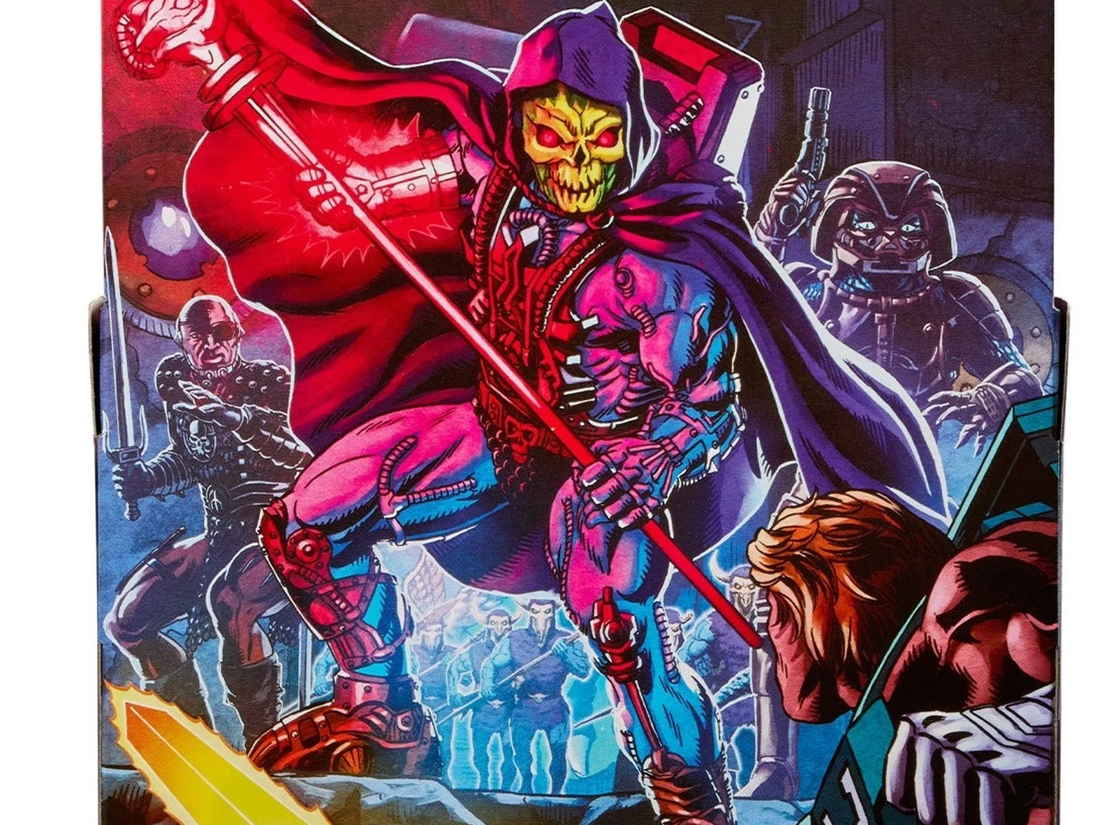 The Skelcons are standing in rank on Laser Light Skeletor's card back, behind Blade and Saurod