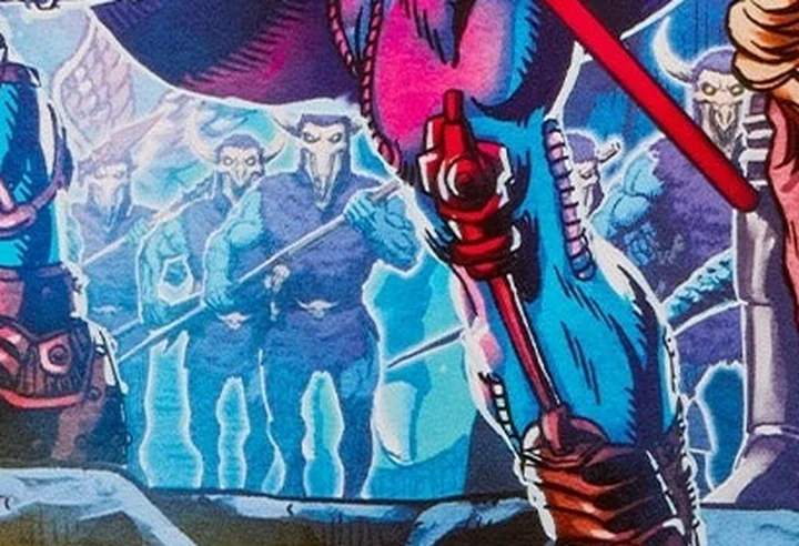 A detail of the card back: a rank of pale blue soldiers with horned skull faces and shouldered polearms, standing in formation and receding into the background behind Skeletor's legs.