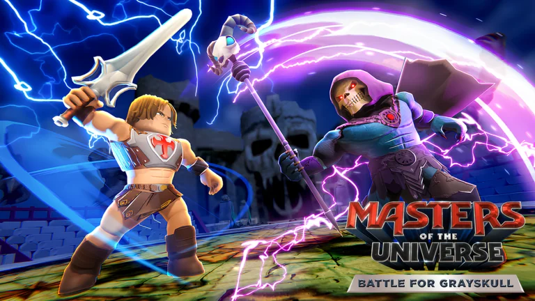 Key art for Battle For Grayskull: He-Man on the left raising the Sword of Power with blue lightning around him, Skeletor on the right with the Havoc Staff and purple lightning, the skull face of Castle Grayskull between them in the background.