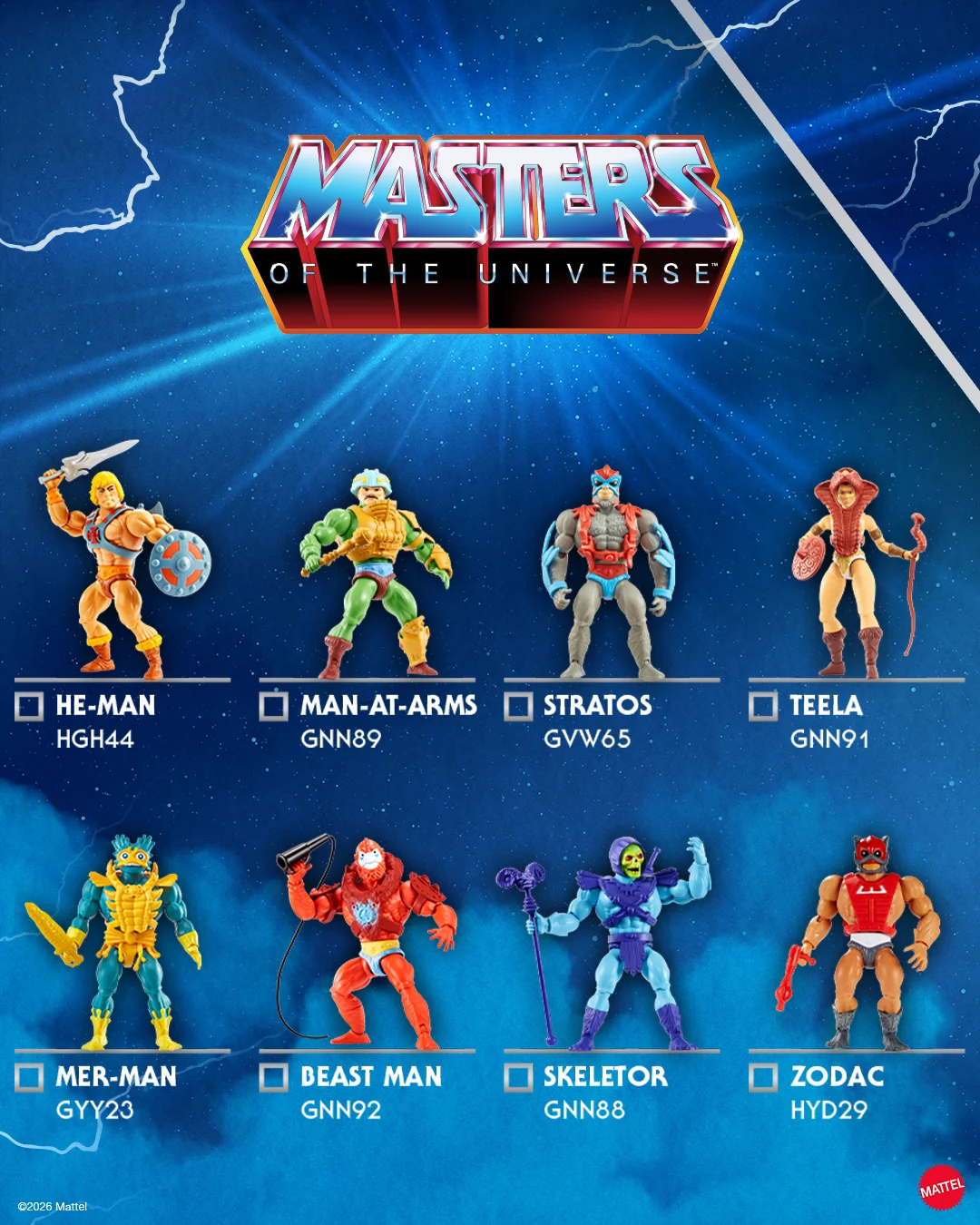 Mattel's first checklist card, a grid of eight vintage-styled Origins figures with tick boxes and item numbers: He-Man HGH44, Man-At-Arms GNN89, Stratos GVW65, Teela GNN91, Mer-Man GYY23, Beast Man GNN92, Skeletor GNN88 and Zodac HYD29.
