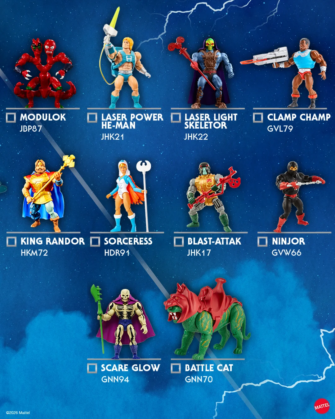 Mattel's sixth checklist card, showing Modulok JBP87, Laser Power He-Man JHK21, Laser Light Skeletor JHK22, Clamp Champ GVL79, King Randor HKM72, Sorceress HDR91, Blast-Attak JHK17, Ninjor GVW66, Scare Glow GNN94 and Battle Cat GNN70.