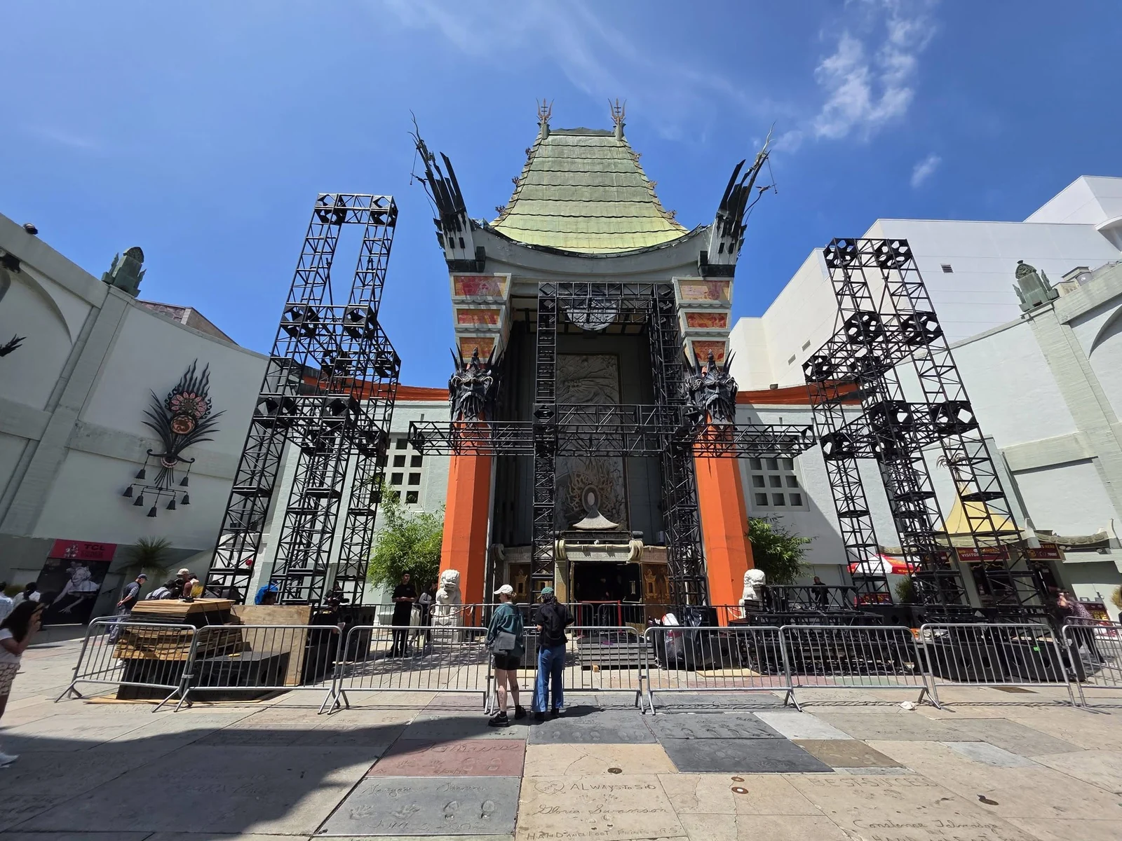 The TCL Chinese Theatre forecourt before the Castle Grayskull facade went up, showing the bare scaffolding rig used to mount the structure
