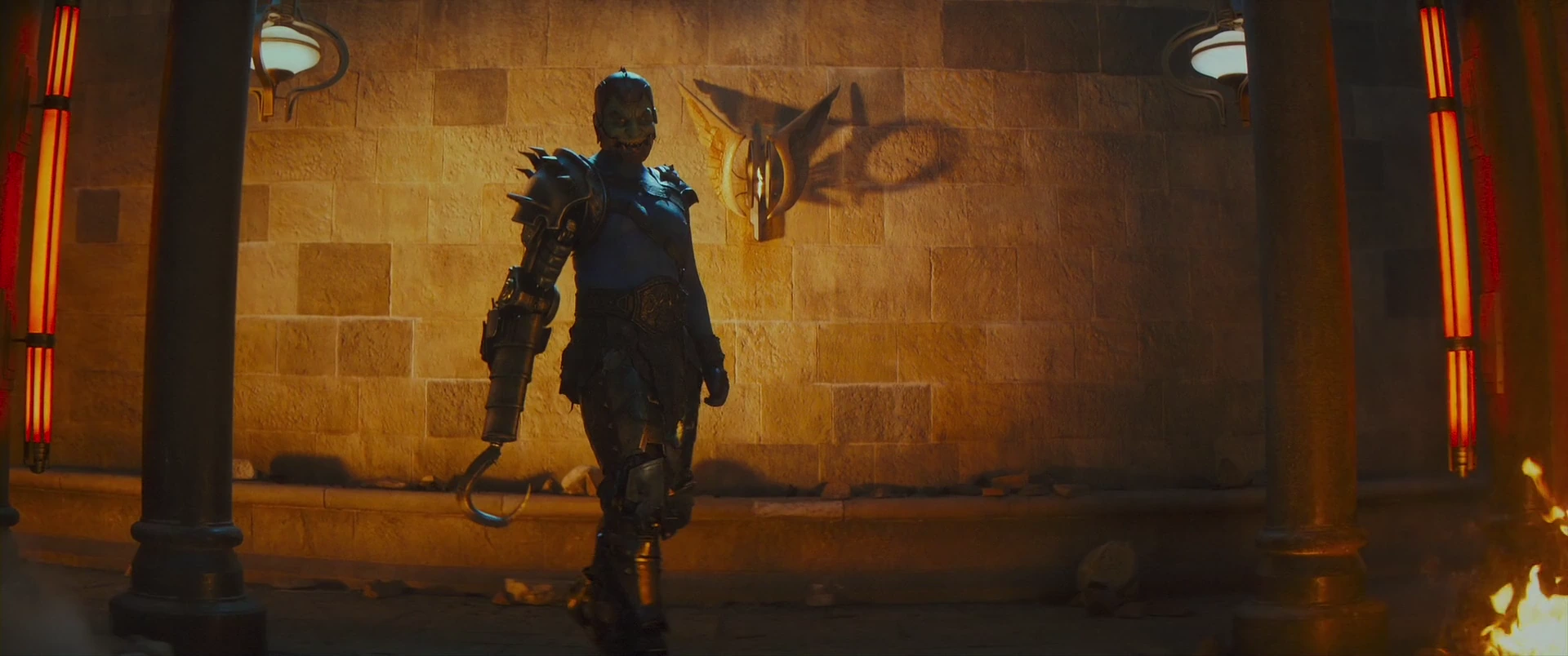 Trap Jaw, Skeletor’s cyborg enforcer, stalks the burning palace.