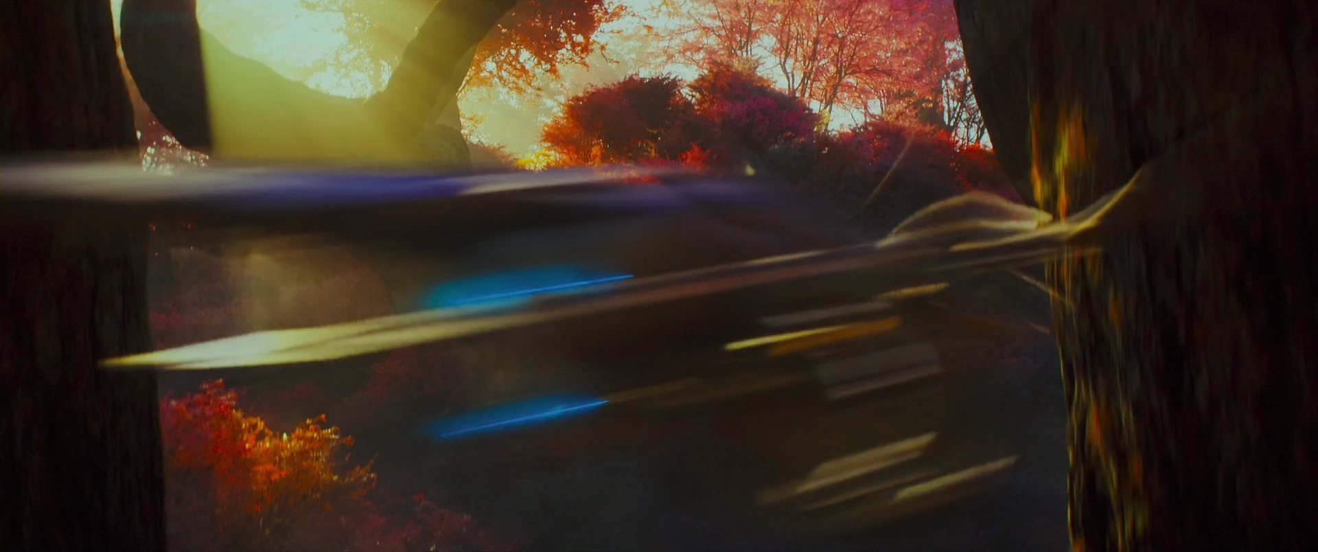 The chase races toward a glowing archway in the alien forest.