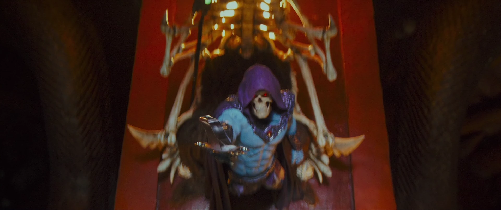 Skeletor on his bone throne, flanked by a towering skeleton guardian.