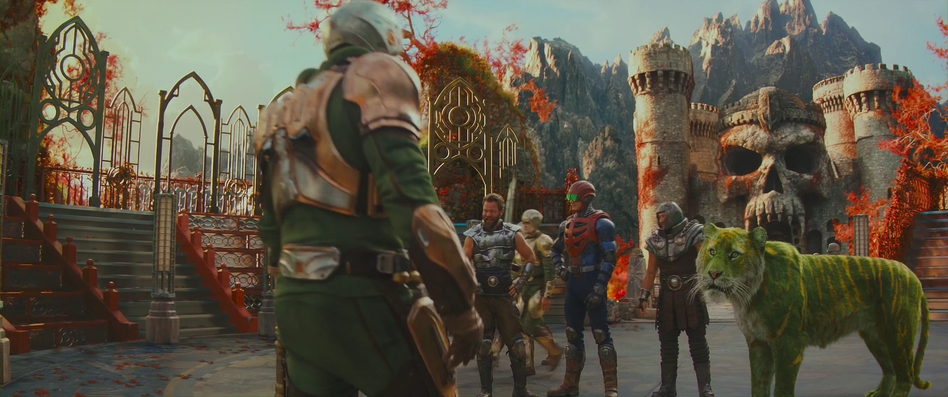 The Heroic Warriors and Battle Cat gather before Castle Grayskull.