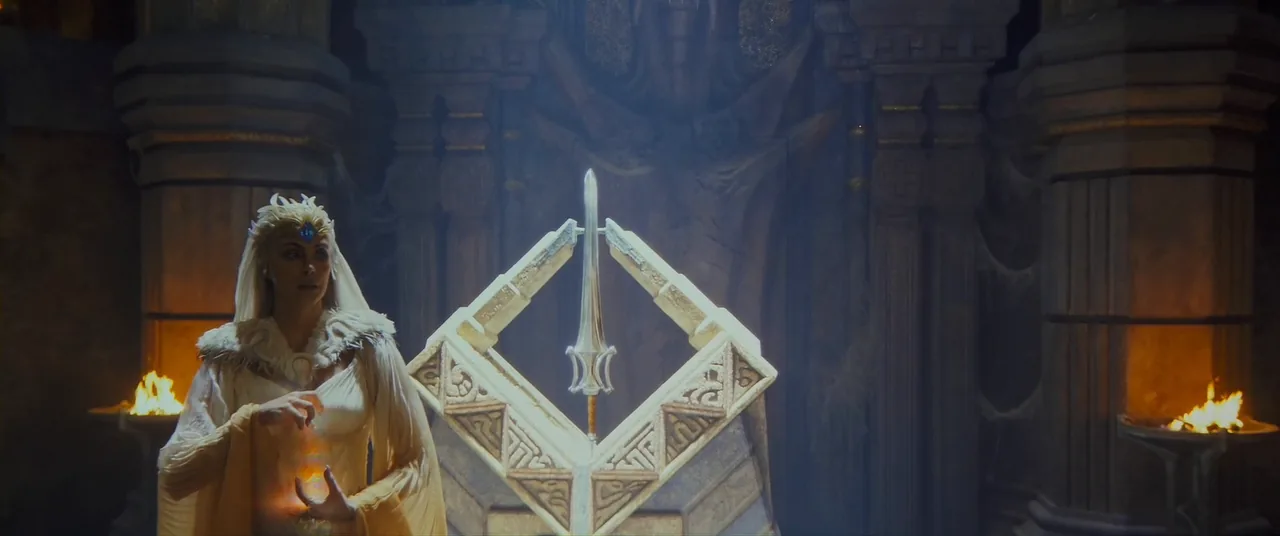 The Sorceress beside the Power Sword in Castle Grayskull