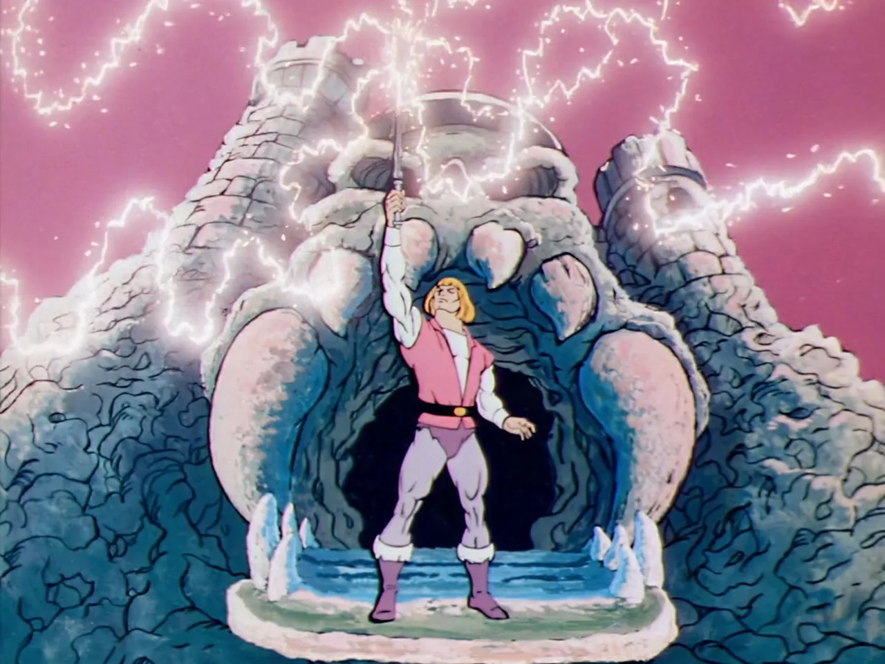 He-Man raises his sword as lightning strikes