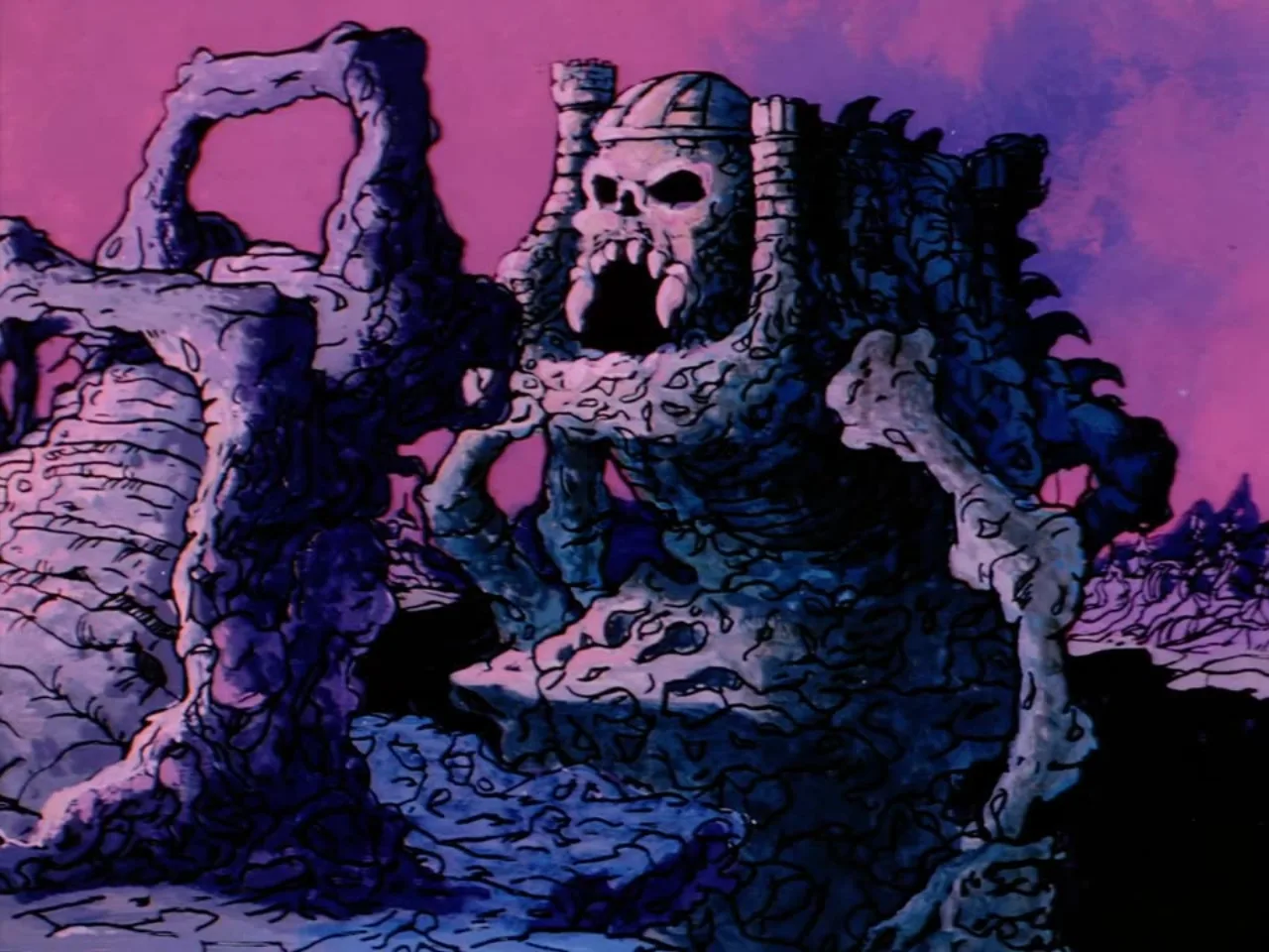 Castle Grayskull looms as a fanged skull-shaped fortress under a vivid pink sky.