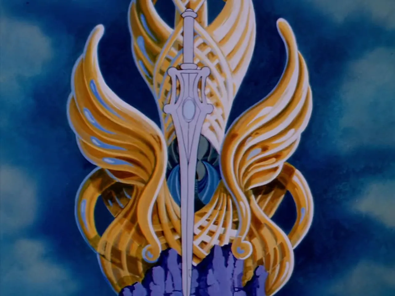 Adam, Cringer and the white-haired guardian pause before a glowing golden doorway inside a stone chamber.