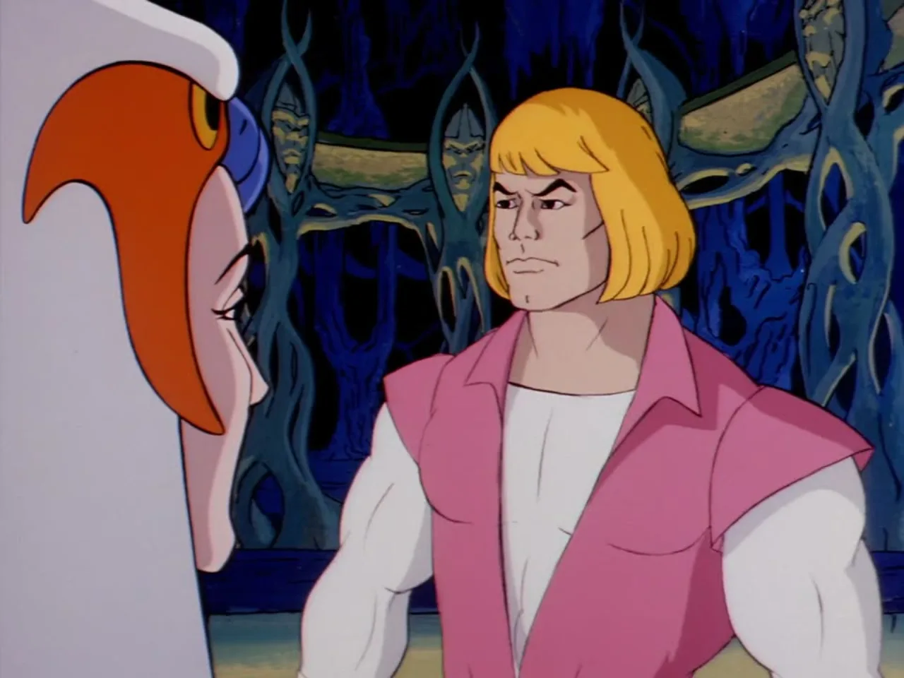 Adam stands face to face with the white-haired guardian in a shadowy stone passage.