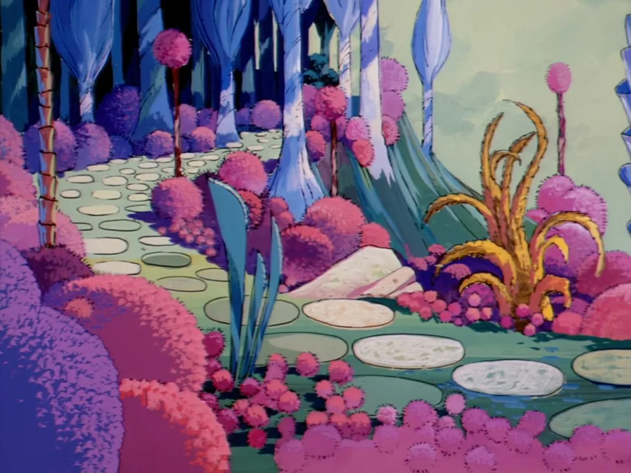 A colorful stone path winds through the Whispering Woods lined with pink puffball trees and lily pads.