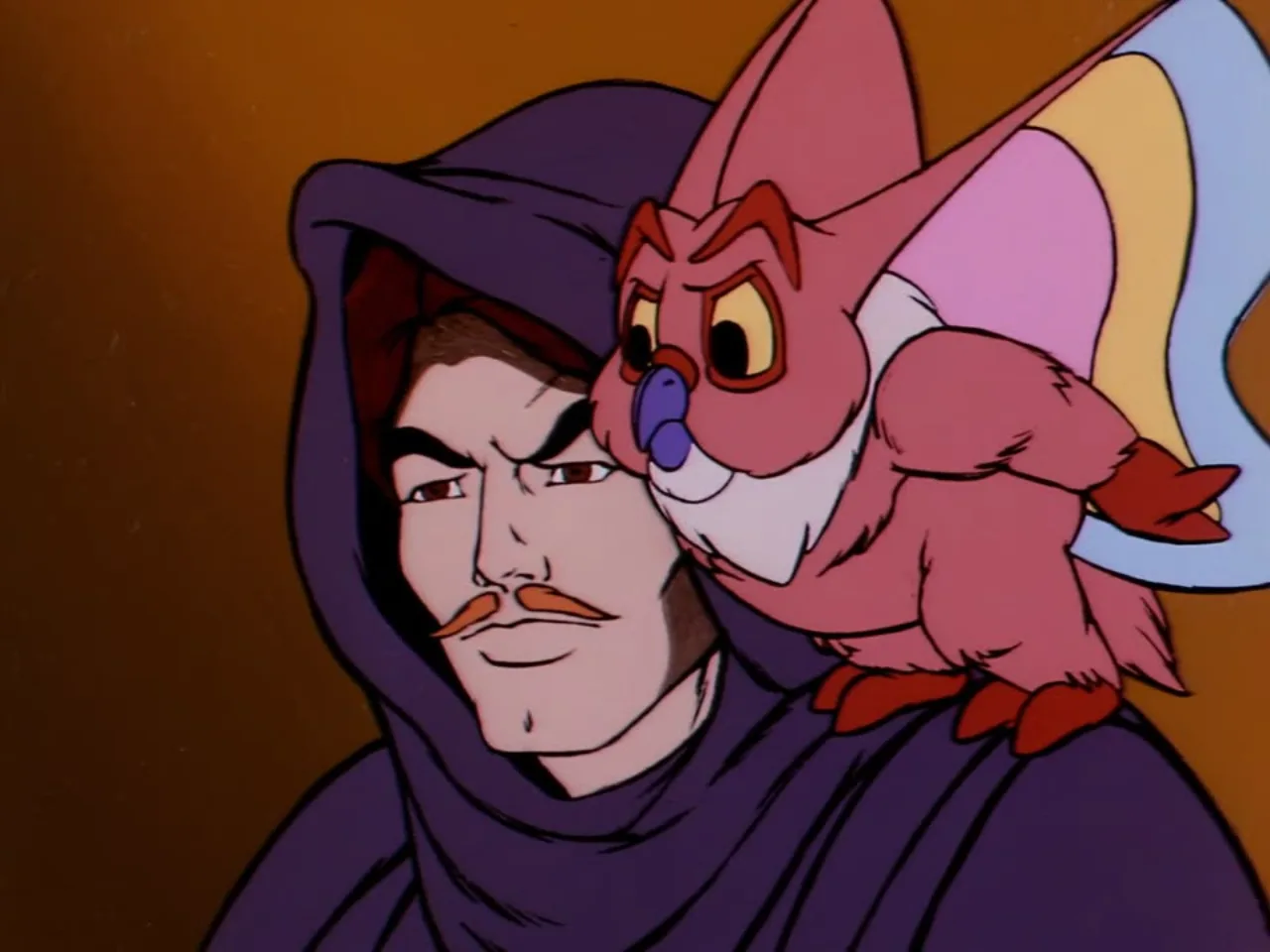 A hooded, mustached man glances sideways with a wide-eyed owl-like creature perched on his shoulder.