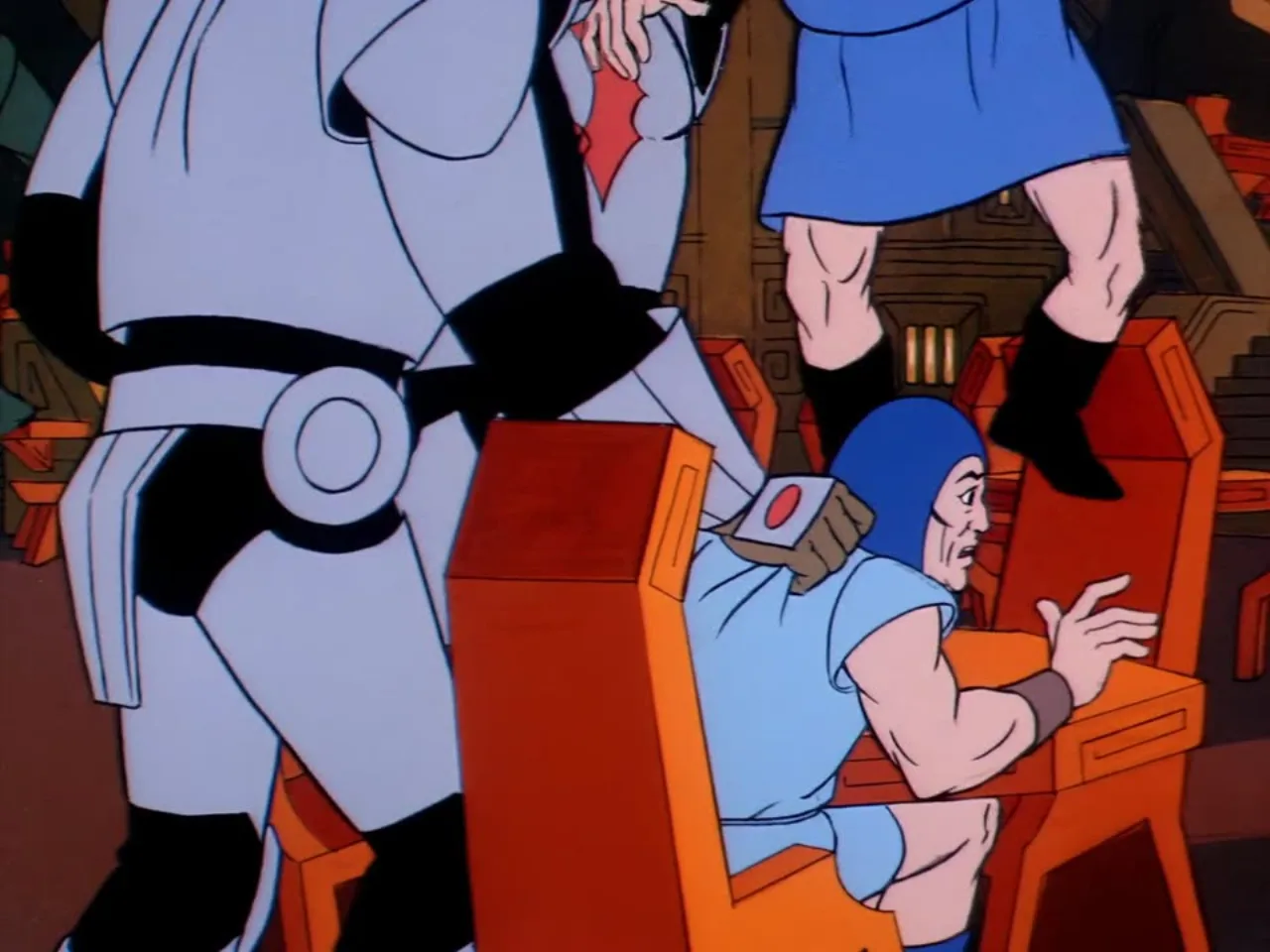 A Horde Trooper seizes a gray haired man by the collar and hoists him up from his chair in the palace hall.