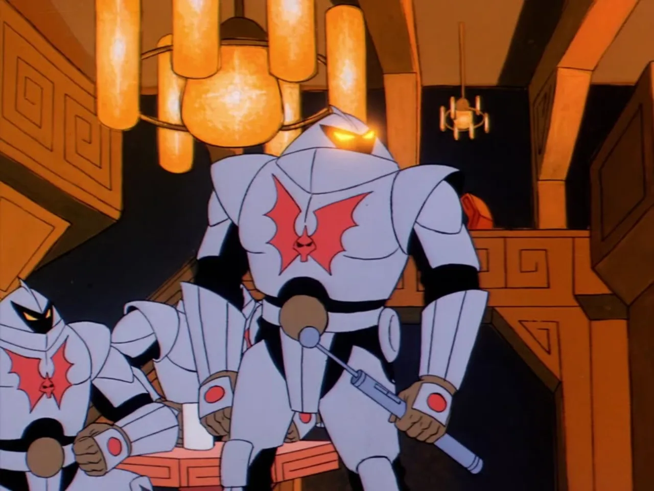 An armored Horde Trooper with a red bat emblem strides forward wielding a weapon inside the palace.