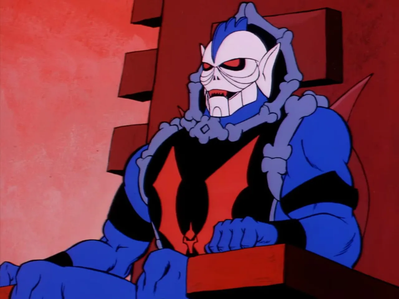 A close up shows Hordak's skull like face and bony shoulder armor glowing red with anger.