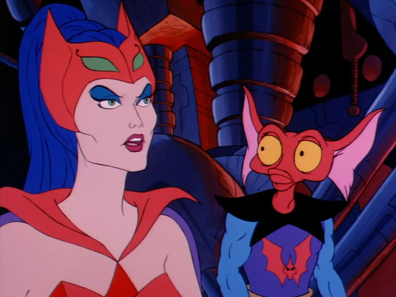Catra scowls beside a wide eyed bat eared Horde creature inside the Fright Zone.
