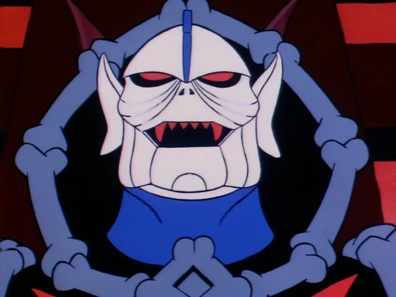 Hordak snarls with mouth open, framed by his bone like shoulder collar.