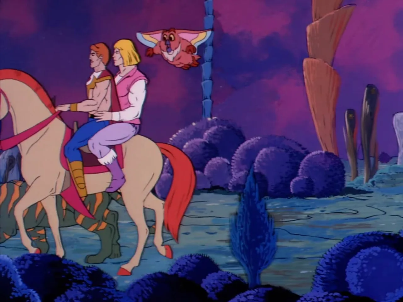 Bow and Adam ride double on horseback through the forest as Kowl flies alongside them.