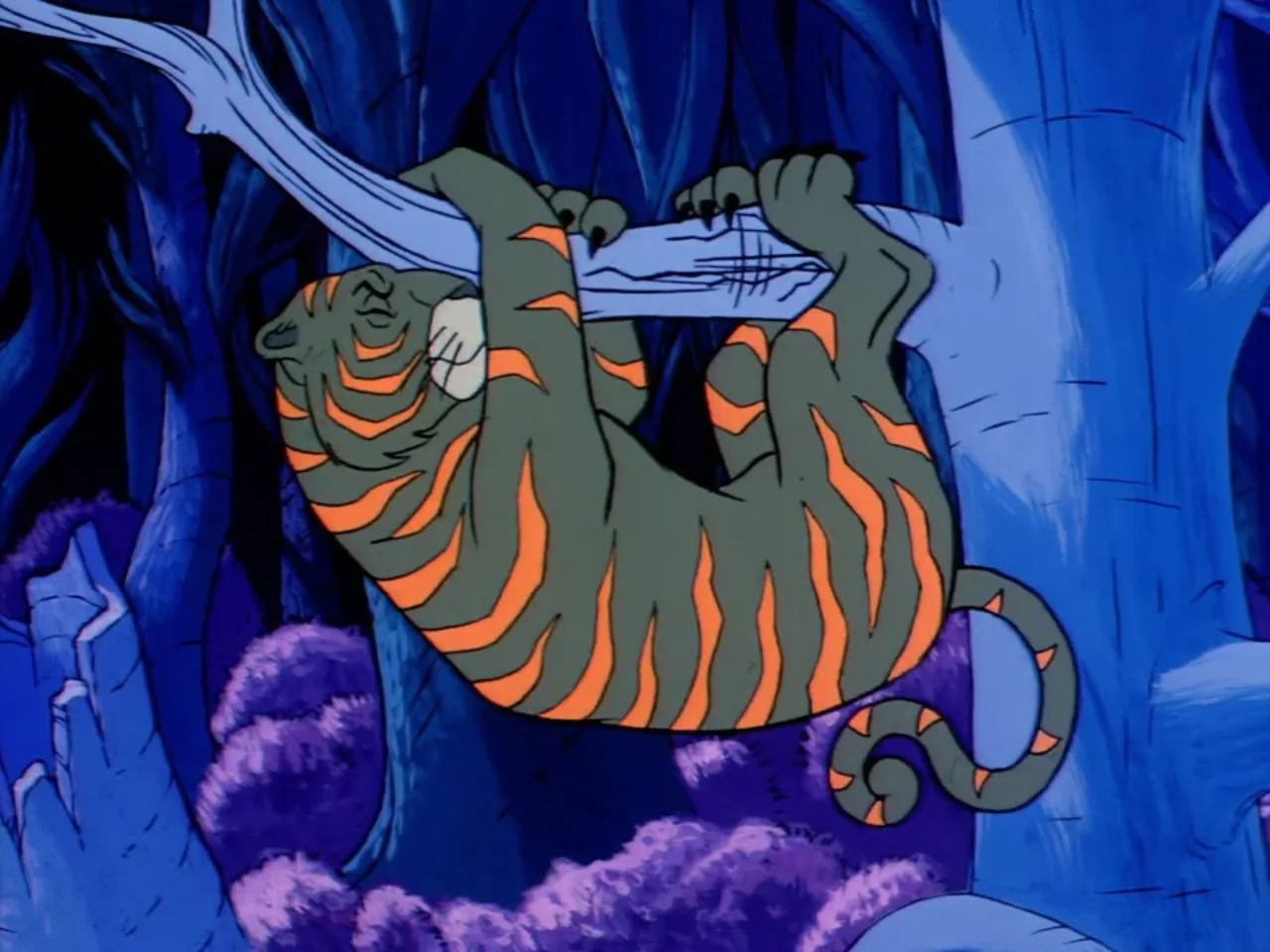 Cringer dangles playfully from a tree branch in the blue tinted forest.